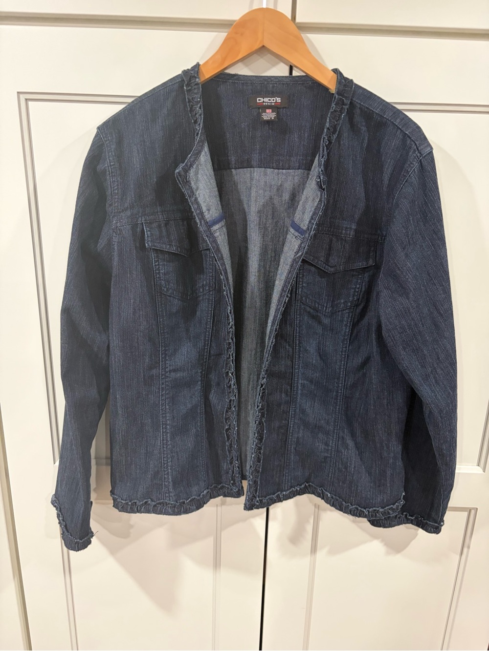 Chico's Dark Indigo Collarless Jean Jacket